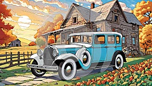 Old car vintage farmyard home cartoon classic