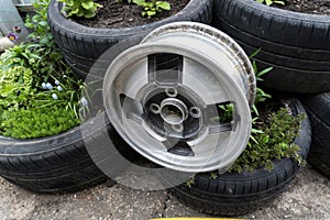 old car wheels titanium rims retro alloy on the street in green grass