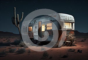 Old caravan in the desert wilderness. Home, overnight accommodation, simple apartment. Freedom and independence concept. Ai