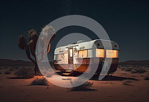Old caravan in the desert wilderness. ObÃ³, overnight accommodation, simple apartment. Freedom and independence concept. Ai
