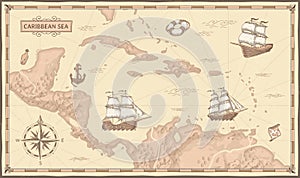 Old caribbean sea map. Ancient pirate routes, fantasy sea pirates ships and vintage pirate maps vector concept illustration