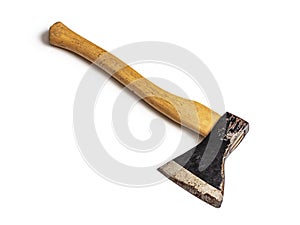 Old carpenter`s axe on an isolated white