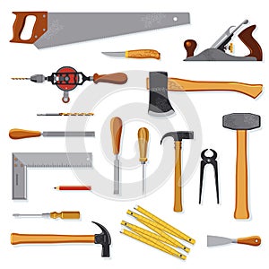 Old carpenter tools on white
