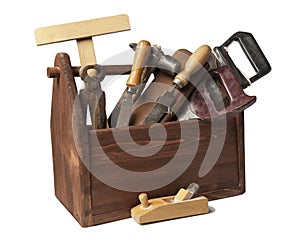 Old Carpenter Wooden toolbox with tools isolated on white