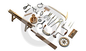 Old carpenter workshop with vintage tools,3d illustration