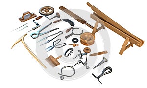 Old carpenter workshop with vintage tools,3d illustration