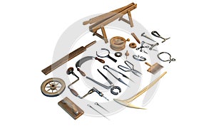 Old carpenter workshop with vintage tools,3d illustration