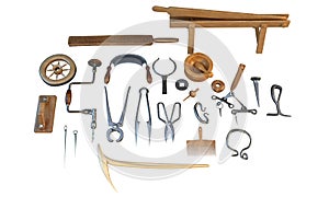 Old carpenter workshop with vintage tools,3d illustration