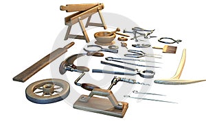 Old carpenter workshop with vintage tools,3d illustration