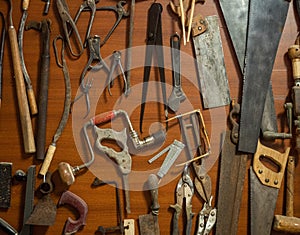 Old carpentry tools on an old workbench