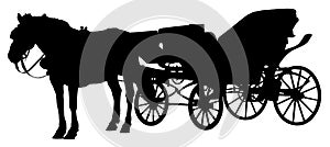 Old carriage pulled by a stationary horse - black figure and silhouette isolated on white background for easy selection