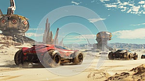 Old cars race at post apocalypses, view of vintage iron vehicles and futuristic buildings in desert like fantasy movie. Concept of photo