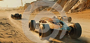 Old cars race at post-apocalyptic times, vintage iron vehicles drive fast on desert like futuristic movie. Concept of fantasy,