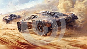 Old cars race at post-apocalyptic times, vintage iron vehicles drive fast on desert like futuristic movie. Concept of fantasy,