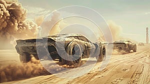 Old cars race in post-apocalyptic world, vintage vehicles drive fast on desert like futuristic movie. Concept of fantasy, dystopia