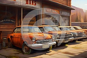 Old cars in a row in front of a gas station in the USA