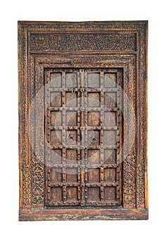 Old carved traditional wooden door, antique door isolated on white background, clipping path included