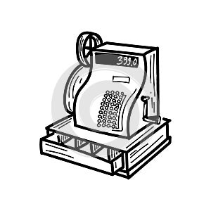 An old cash register, a hand-drawn sketch-style doodle. Vintage. Customer report, receipts. Report for stores. Profit