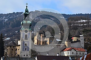 Old castle in Banska Stiavnica during winter season, viewed from Upper Rose Street.