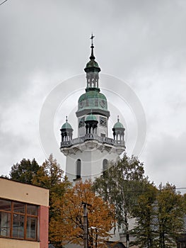 Old castle or a church on the hill or in the city.