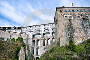 Old castle cloak bridge in Cesky Krumlov, Bohemia, Czeh republic.