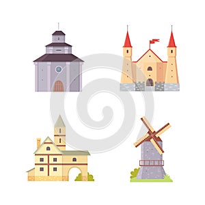 Old castle, europe palace building vector illustrations. Medieval historical buildings, architecture Towers and old city