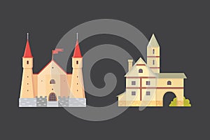 Old castle, europe palace building vector illustrations. Medieval historical buildings, architecture Towers and old city