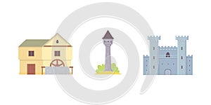 Old castle, europe palace building vector illustrations. Medieval historical buildings, architecture Towers and old city
