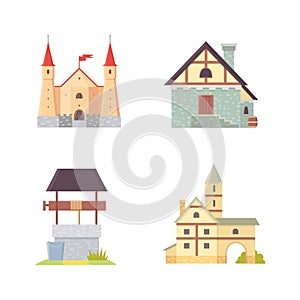 Old castle, europe palace building vector illustrations. Medieval historical buildings, architecture Towers and old city