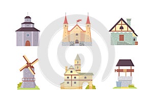 Old castle, europe palace building vector illustrations. Medieval historical buildings, architecture Towers and old city