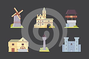 Old castle, europe palace building vector illustrations. Medieval historical buildings, architecture Towers and old city