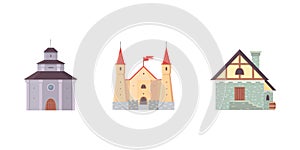 Old castle, europe palace building vector illustrations. Medieval historical buildings, architecture Towers and old city