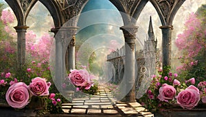 old castle garden with pink roses and old arches