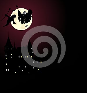 Old castle with ghosts in the red night sky. Vector illustration