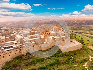 Old castle Mdina cathedral city, Malta. Aerial top view