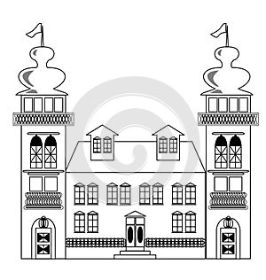 Old castle monochrome drawing, architectur sketch in black outline on white background