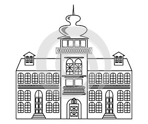 Old castle monochrome drawing, architectur sketch in black outline on white background photo