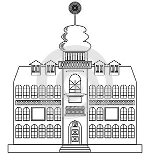 Old castle monochrome drawing, architecture sketch in black outline on white background