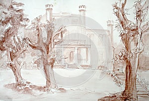 Old castle in a park drawing with sanguine