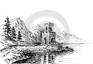 Old castle on a river bank landscape