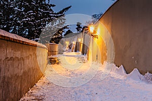 Old Castle Stairs at night, Prague, Czech Republic.Beautiful spectacular winter panorama of Vltava river and historical buildings.