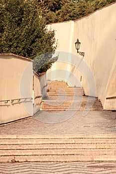 Old Castle Stairs on Prague Castle. Medieval stairway with vintage lamps, Prague, Czech Republic