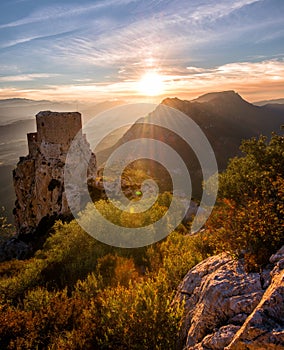 Old Castle staring at Fall`s colors: Sunset taken in the French Cathare region the day before the last moon eclipse.