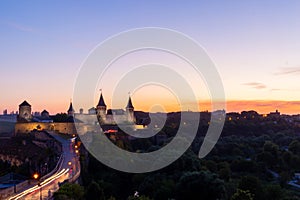 Old castle. Sunset view of the castle in Kamyanets-Podilsky Ukraine. Castle photo on a postcard or cover