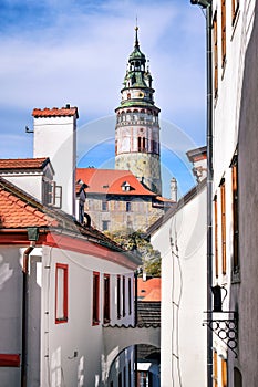 Old castle tower in Cesky Krumlov, Bohemia, Czeh republic.