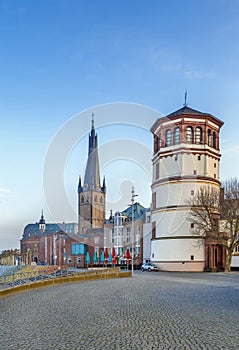 Old Castle Tower and st Lambertus church, Dusseldorf, Germany