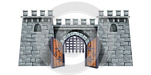Old castle tower vector illustration, stone medieval cartoon fortress, wooden open city gate, grate.