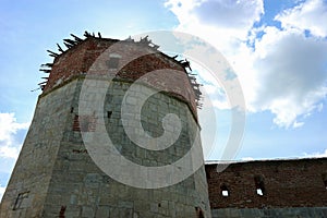 Old castle watch tower of medieval Zaraysk Kremlin, Moscow Region, Russia close up view