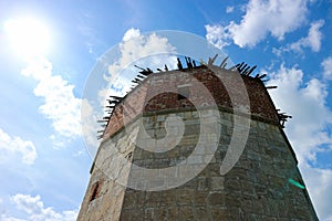 Old castle watch tower of medieval Zaraysk Kremlin, Moscow Region, Russia close up view