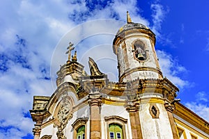 Old catholic church facade of the 18th century view from below